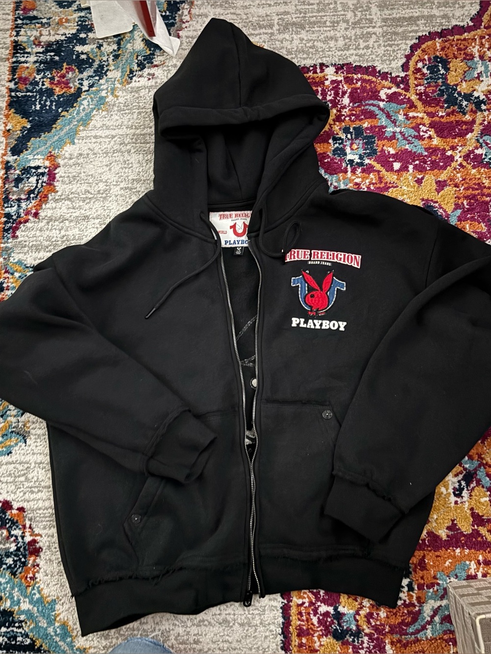 True Religion Black Zip-Up Hoodie with Red Playboy Logo